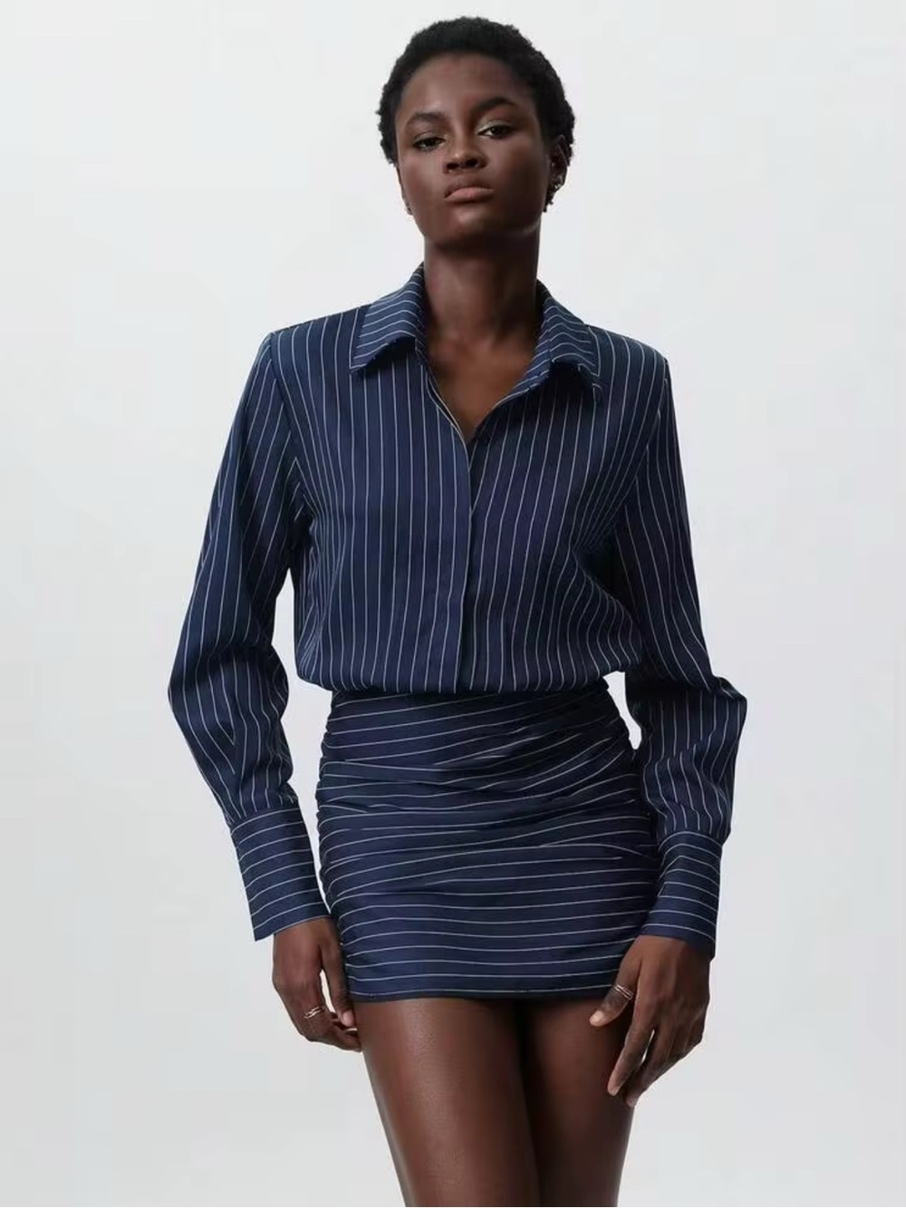 Striped Navy Shirt Dress with Ruched Skirt